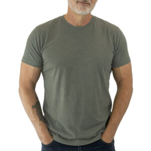 Tapered T-Shirts For Men - MILITARY GREEN | TAPERED TEES Man wearing olive-green crew-neck T-shirt with hands in pockets at waist level.