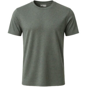 MILITARY-GREEN-FINAL | TAPERED TEES Olive-green short-sleeve T-shirt with a subtle heather texture and crew neck on a white background.