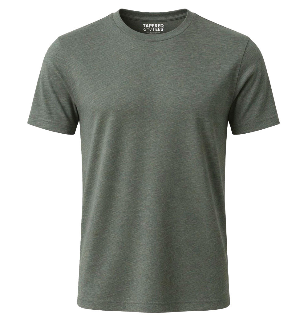MILITARY-GREEN-FINAL | TAPERED TEES Olive-green short-sleeve T-shirt with a subtle heather texture and crew neck on a white background.